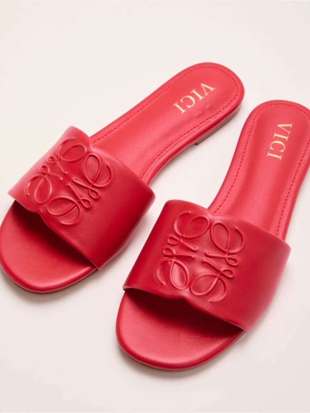 VICI Red Embossed Slide Santorini Sun Vegan Leather Tonal Design Sandals Summer